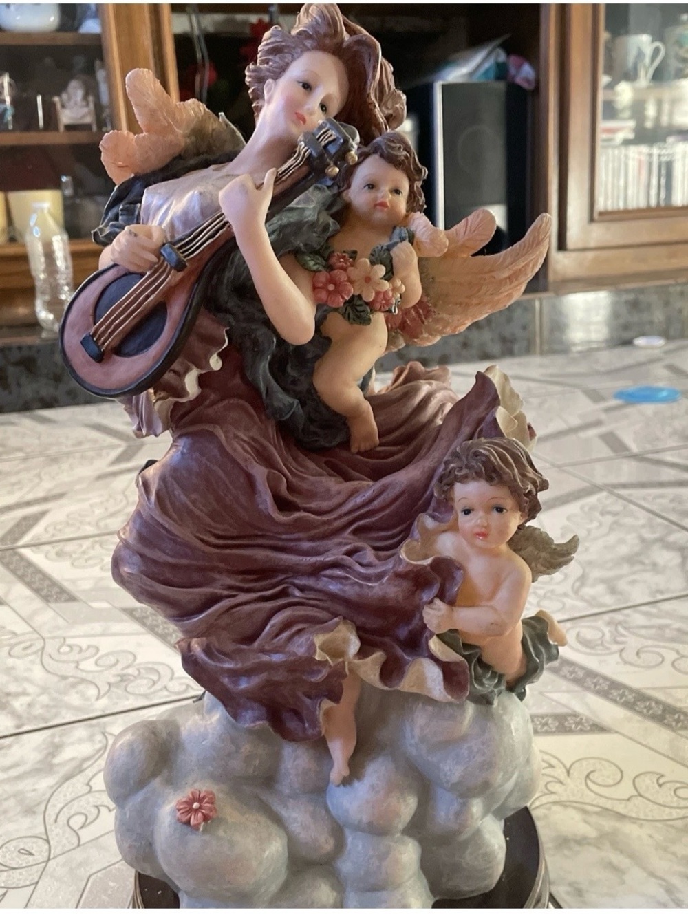 Hand-Painted Angel Sculpture Recin material with Cherubs in Brown and Cream